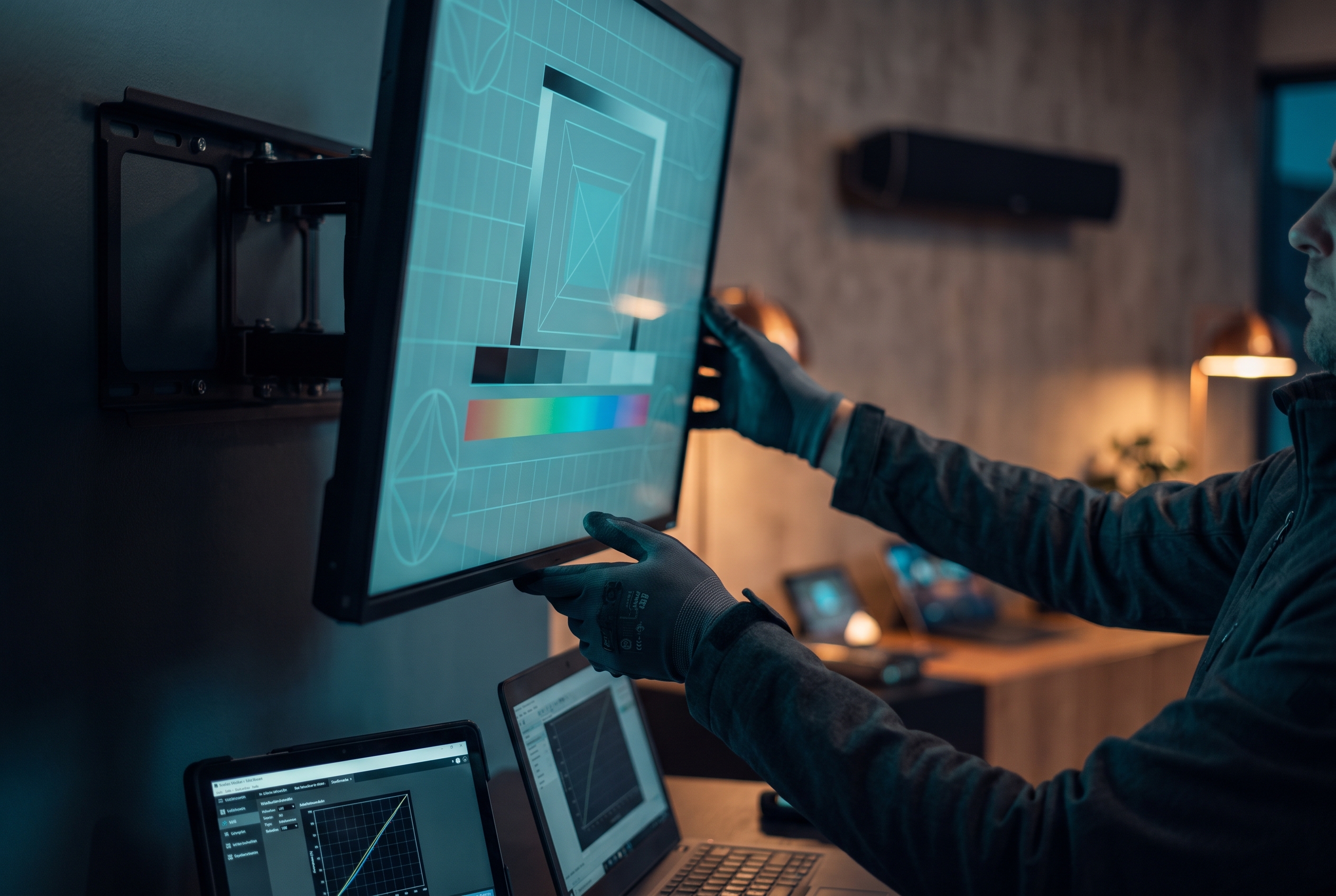 Technician mounting and calibrating a flat-panel display and digital signage