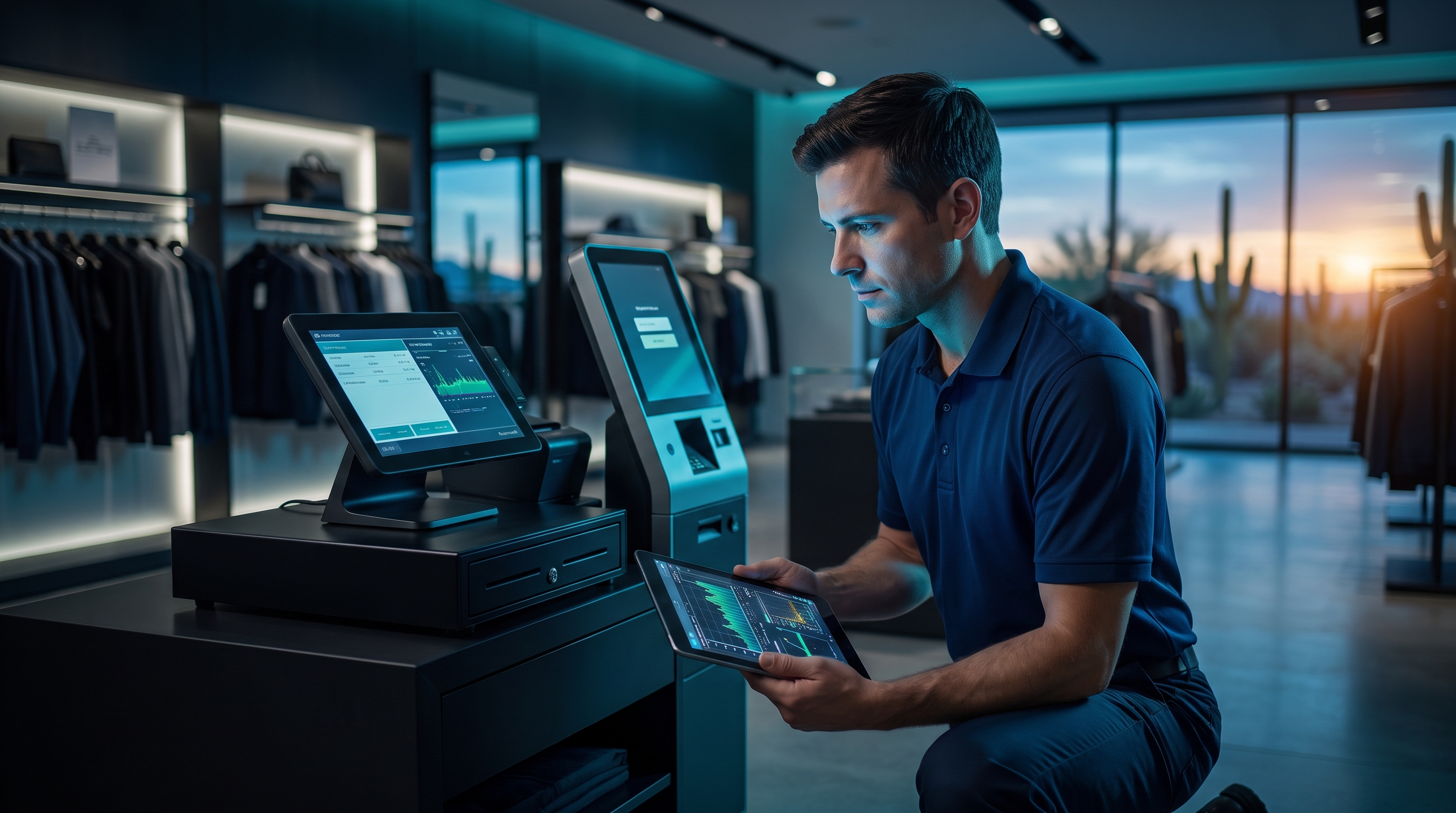 H6 technician servicing a point-of-sale terminal and kiosk on site in a Phoenix-area store