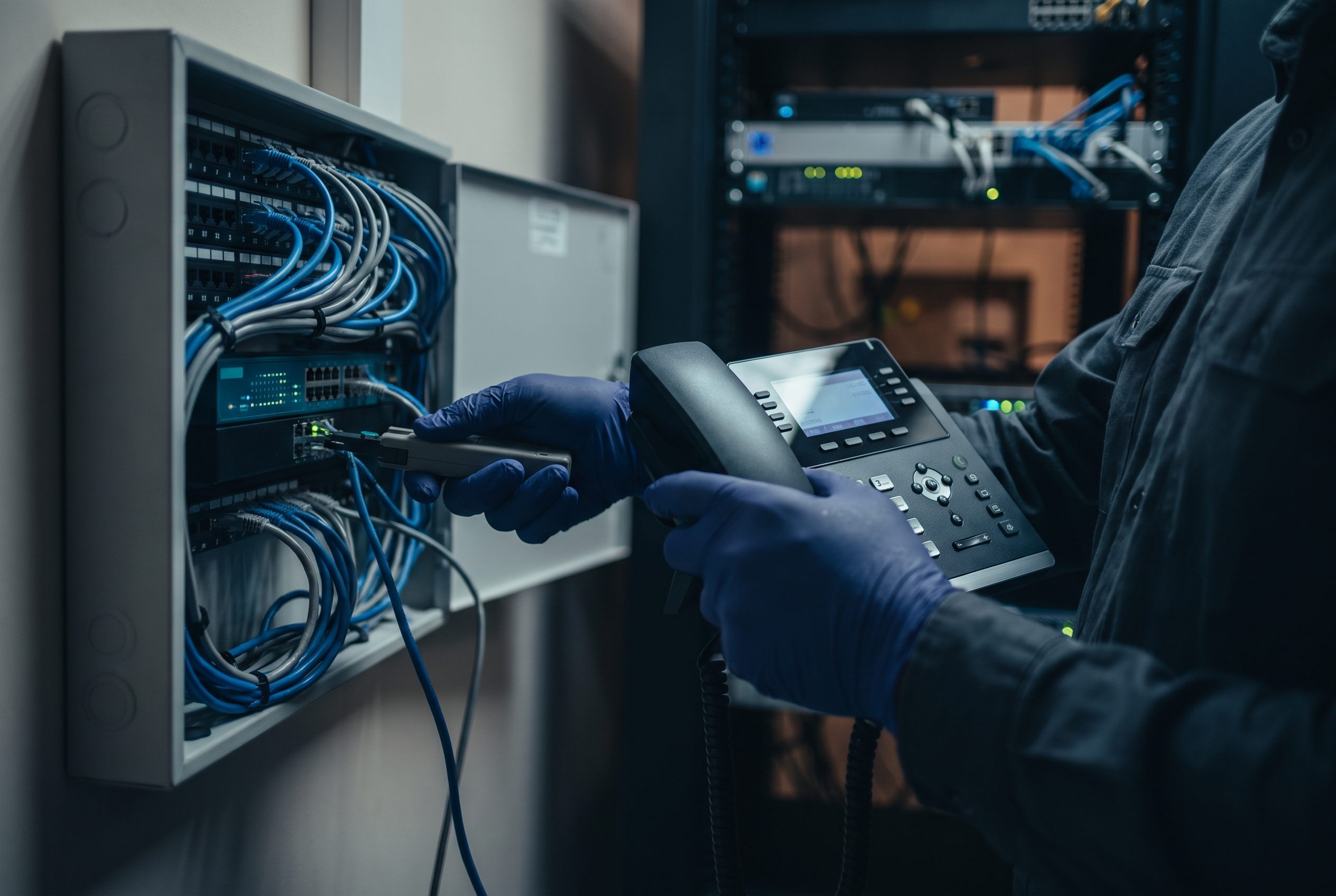 Technician installing a VOIP phone system and wiring a patch panel