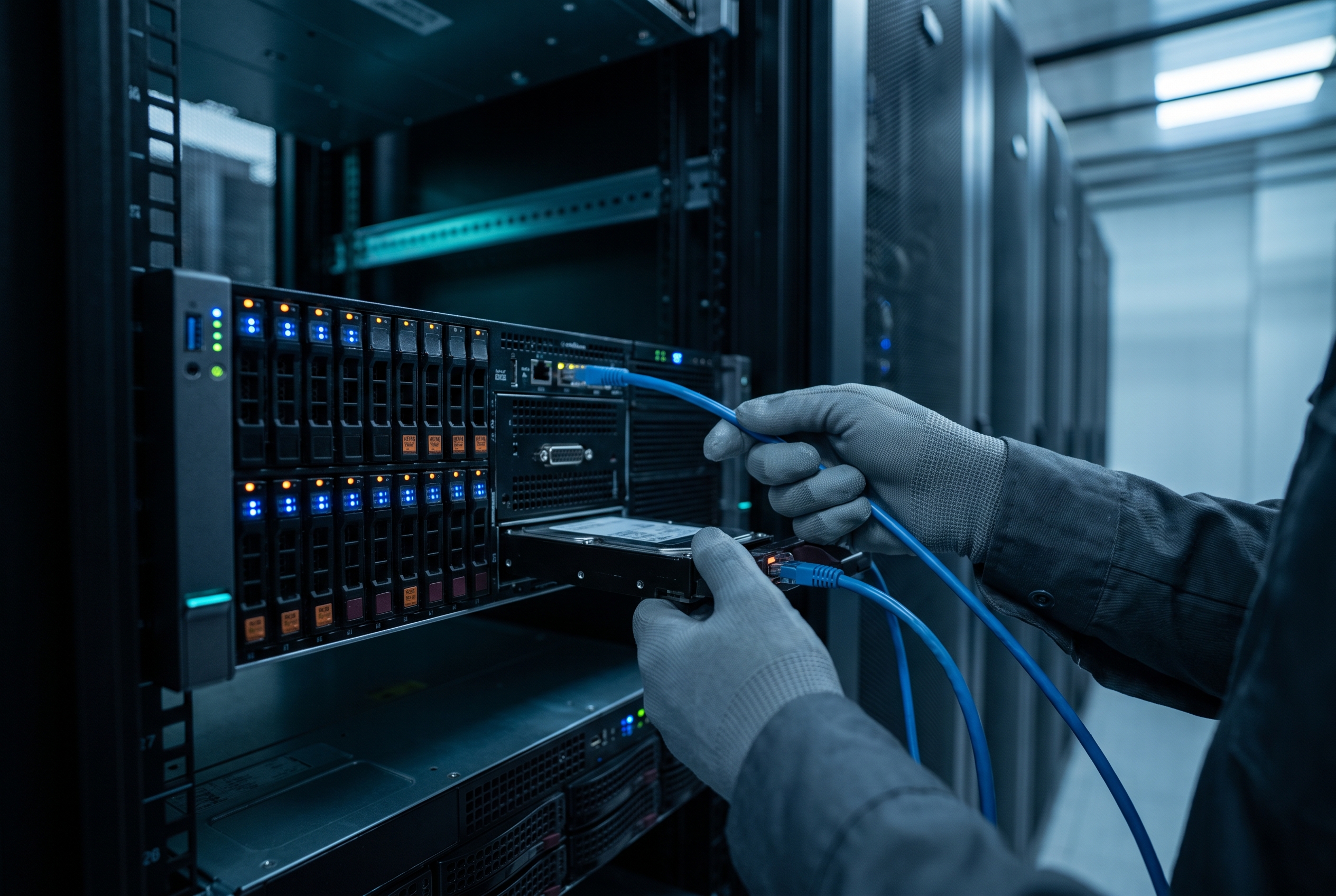 Technician working inside an open server rack