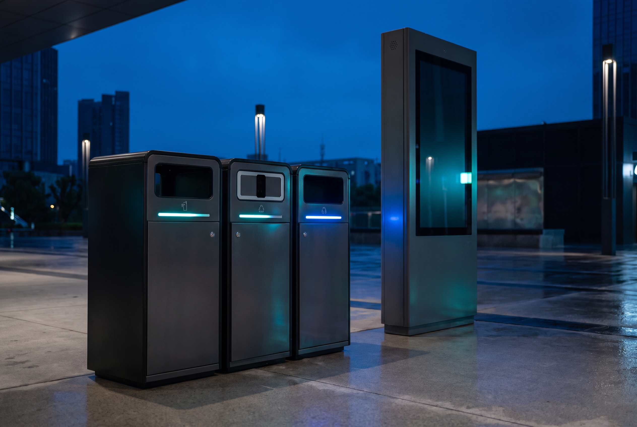 Connected smart trash, recycling, and kiosk hardware deployed in an urban plaza